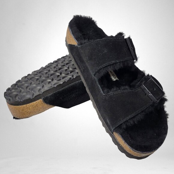 Birkenstock Arizona Shearling Suede Black Sandals | EU 40 / Size 9 Regular - Picture 1 of 7